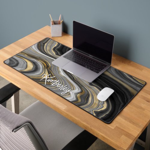 Stylish Black Gold Agate Geode Personalized Desk Mat