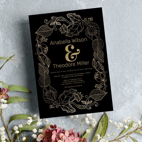 Stylish black gold ampersand vine floral wedding invitation