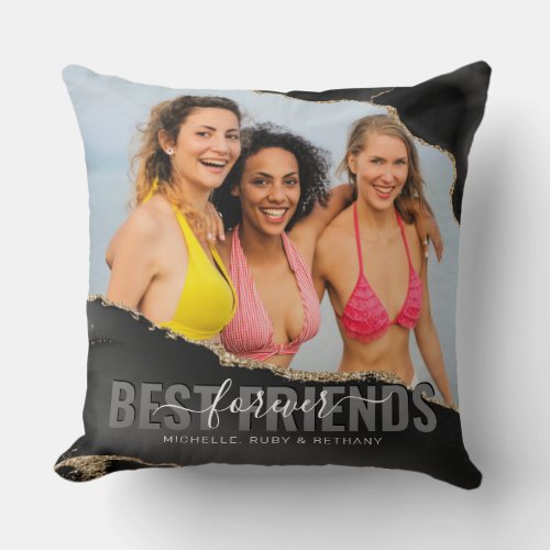 Stylish Black Gold Best Friends Photo Throw Pillow - Personalized friendship pillow featuring a photo of you and your besties, trendy black agate edges with gold glitter accents, and your names.