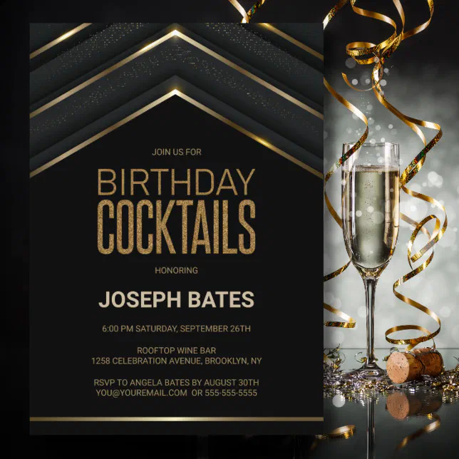 Stylish Black Gold Birthday Cocktails Invitation | Zazzle