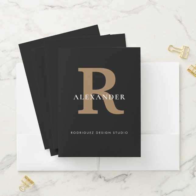 Stylish Black Gold Bold Monogram Typography Name Pocket Folder (In Situ)