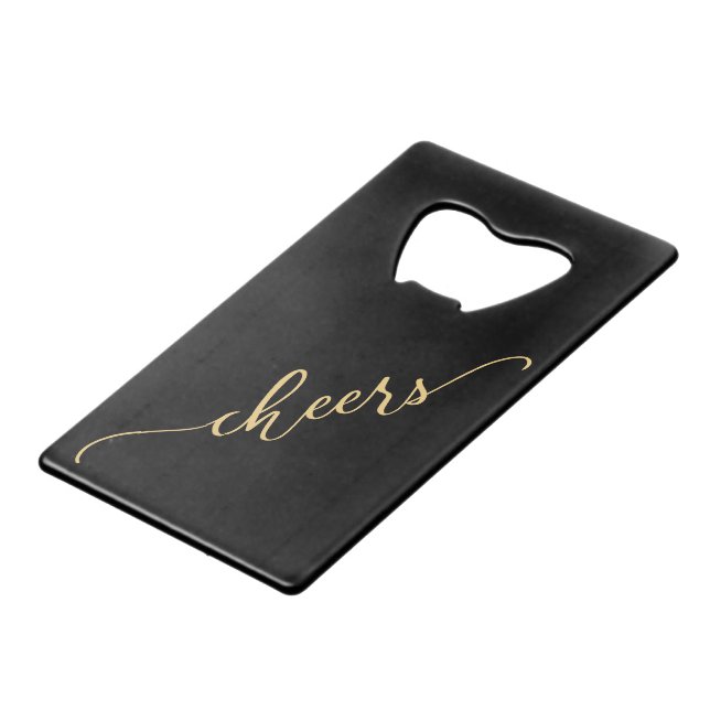 Stylish Black & Gold CHEERS with Name Credit Card Bottle Opener (Back Angled)