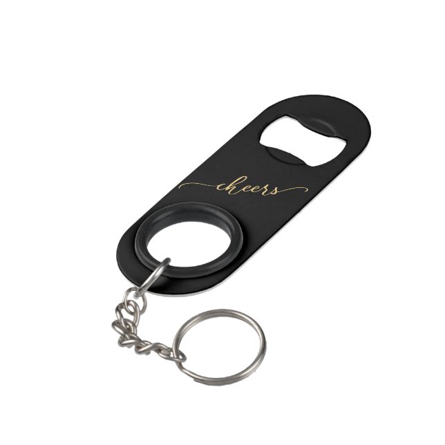 Stylish Black & Gold CHEERS with Name Keychain Bottle Opener (Back Angled)
