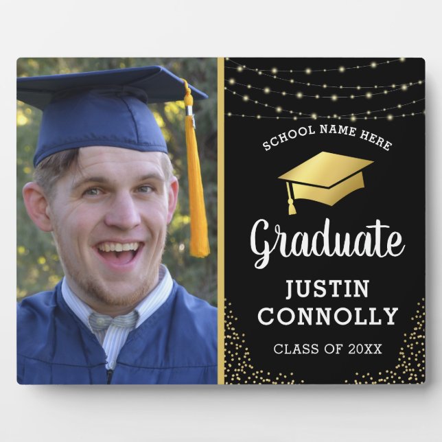 Stylish Black & Gold Class of 2025 Graduate Photo Plaque (Front)
