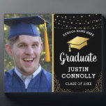 Stylish Black & Gold Class of 2026 Graduate Photo Plaque<br><div class="desc">A stylish Graduation Photo Plaque,  featuring a black background that can be changed to any color,  string twinkle lights,  gold glitter corners,  a gold graduation cap and text that can easily be customized.</div>
