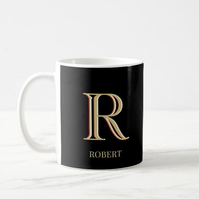 Stylish  Black Gold Custom 3- Color Monogram   Coffee Mug (Left)