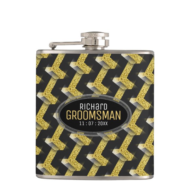 Stylish Black Gold Custom Design Groomsmen Gift Flask (Front)