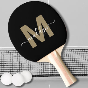 Stylish Black Gold Elegant Script Name Monogram Ping Pong Paddle