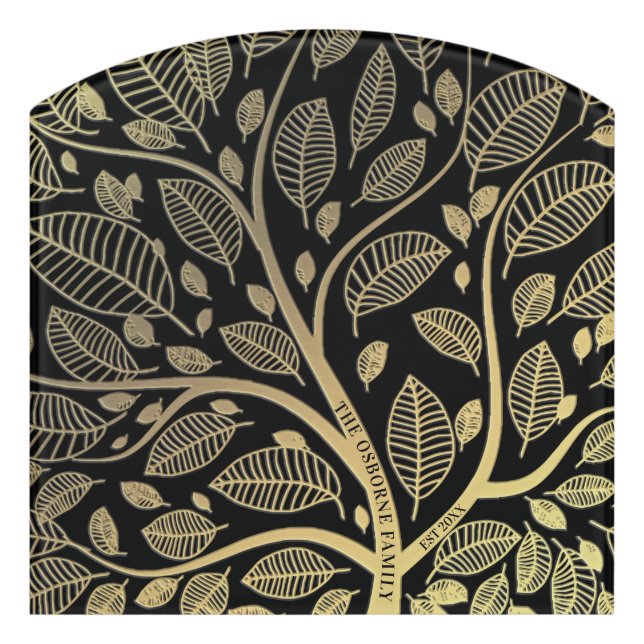 Stylish Black Gold Family Tree Name Year Est  Door Sign (Contour Front)