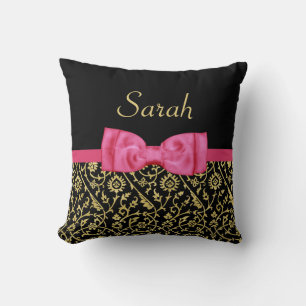 Stylish Black Gold Floral Damask Pink Bow and Name Throw Pillow