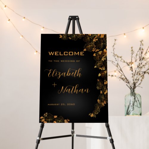 Stylish Black  Gold Floral Wedding Welcome Foam Board