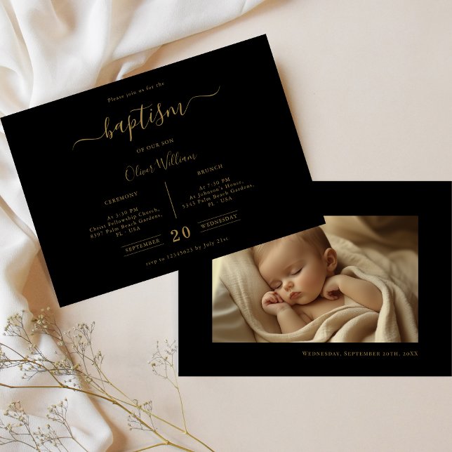 Stylish Black & Gold Gender Neutral Photo Baptism Invitation (Creator Uploaded)