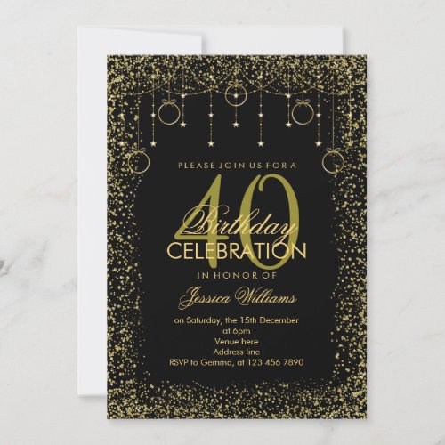 Stylish Black  Gold Glitter Decoration Birthday Invitation