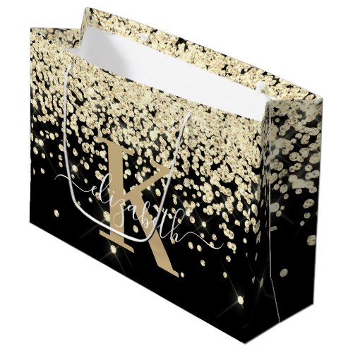 Stylish Black Gold Glitter Diamond Monogram Name Large Gift Bag