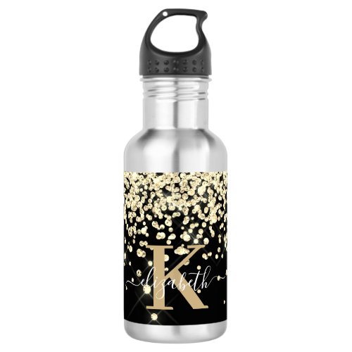 Stylish Black Gold Glitter Diamond Monogram Script Stainless Steel Water Bottle