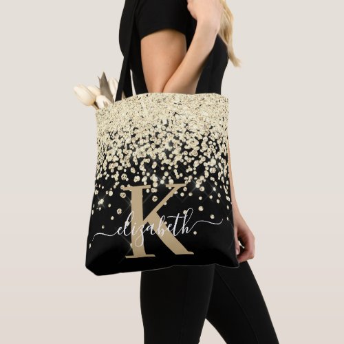 Stylish Black Gold Glitter Diamond Monogram Script Tote Bag