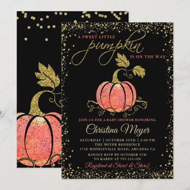 Stylish Black Gold Glitter Pumpkin Baby Shower Invitation (Front/Back)