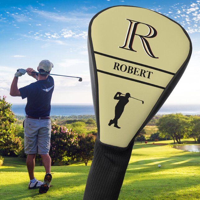 Stylish Black & Gold Golfer Custom Monogram Name  Golf Head Cover (Creator Uploaded)