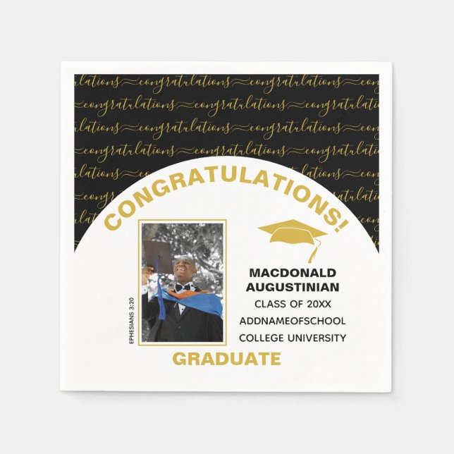 Stylish Black Gold Graduate Photo Napkins (Front)