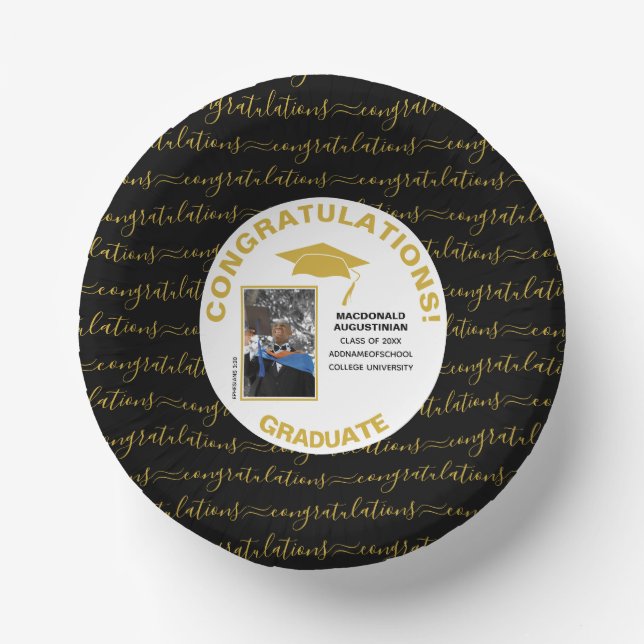 Stylish Black Gold Graduate Photo Paper Bowls (Front)