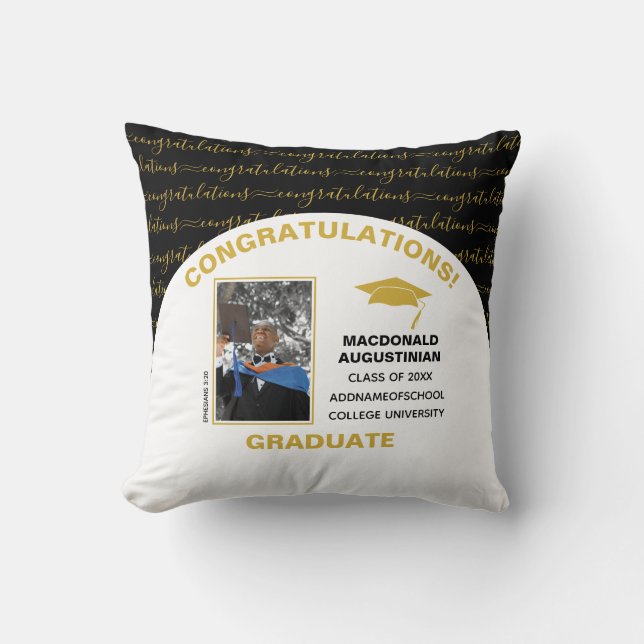 Stylish Black Gold Graduate Photo Throw Pillow (Front)