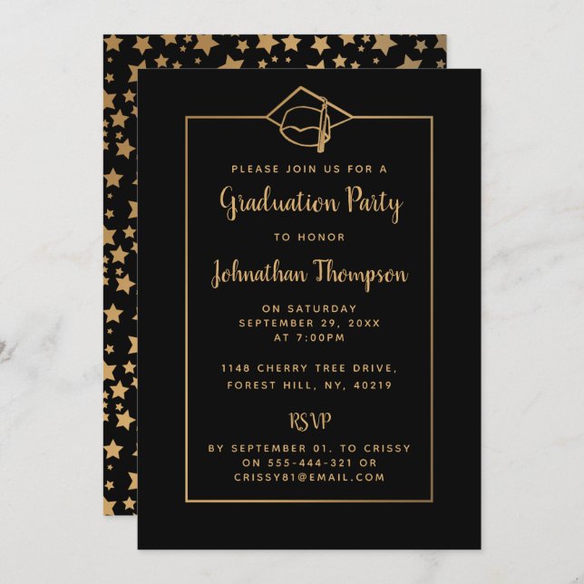 Stylish Black & Gold Graduation Party Invitations (Front/Back)