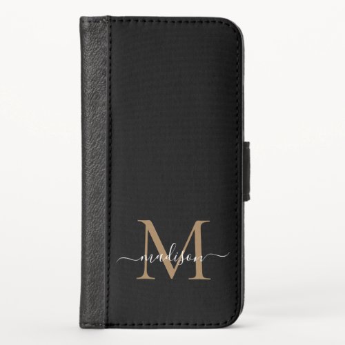 Stylish Black Gold Monogram Elegant Girly Script iPhone X Wallet Case