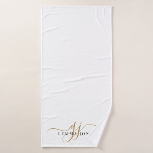 Stylish Black Gold Monogram Elegant Script Name  Bath Towel