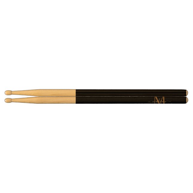 Stylish Black Gold Monogram Elegant Script Name Drum Sticks (Left)