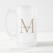 Stylish Black Gold Monogram Elegant Script Name Frosted Glass Beer Mug