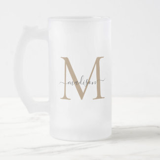 Stylish Black Gold Monogram Elegant Script Name Frosted Glass Beer Mug