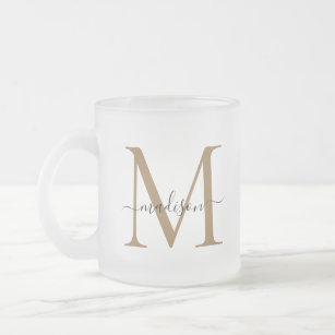 Stylish Black Gold Monogram Elegant Script Name Frosted Glass Coffee Mug