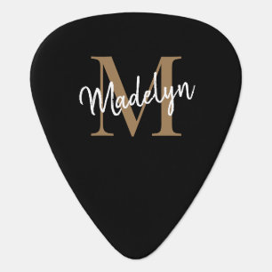 Stylish Black Gold Monogram Elegant Script Name Guitar Pick