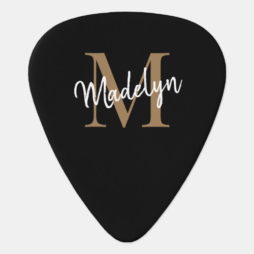 Stylish Black Gold Monogram Elegant Script Name Guitar Pick