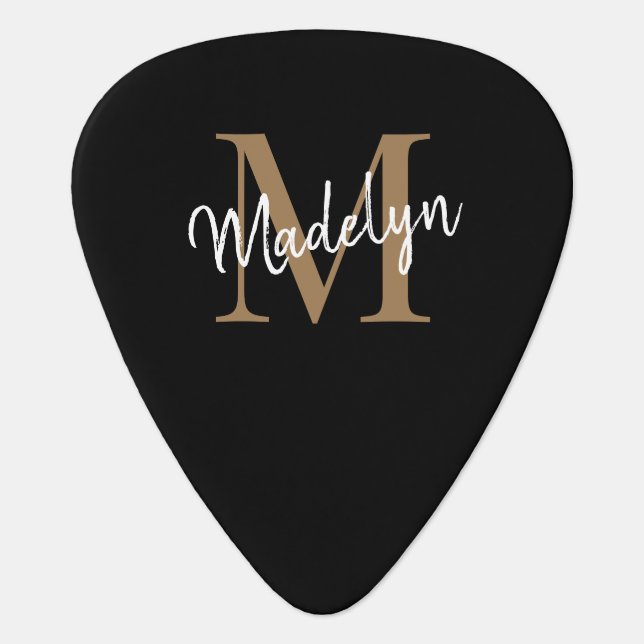 Stylish Black Gold Monogram Elegant Script Name Guitar Pick (Front)