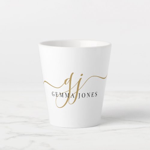 Stylish Black Gold Monogram Elegant Script Name  Latte Mug