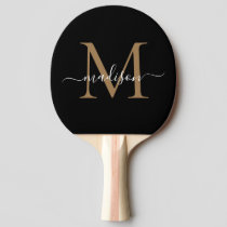 Stylish Black Gold Monogram Elegant Script Name Ping Pong Paddle