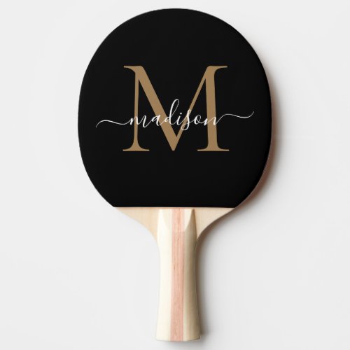 Stylish Black Gold Monogram Elegant Script Name Ping Pong Paddle