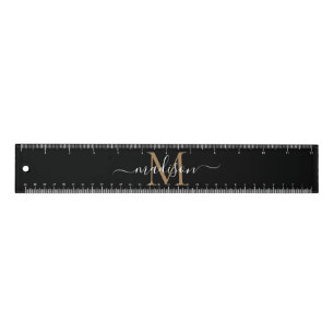 Stylish Black Gold Monogram Elegant Script Name Ruler