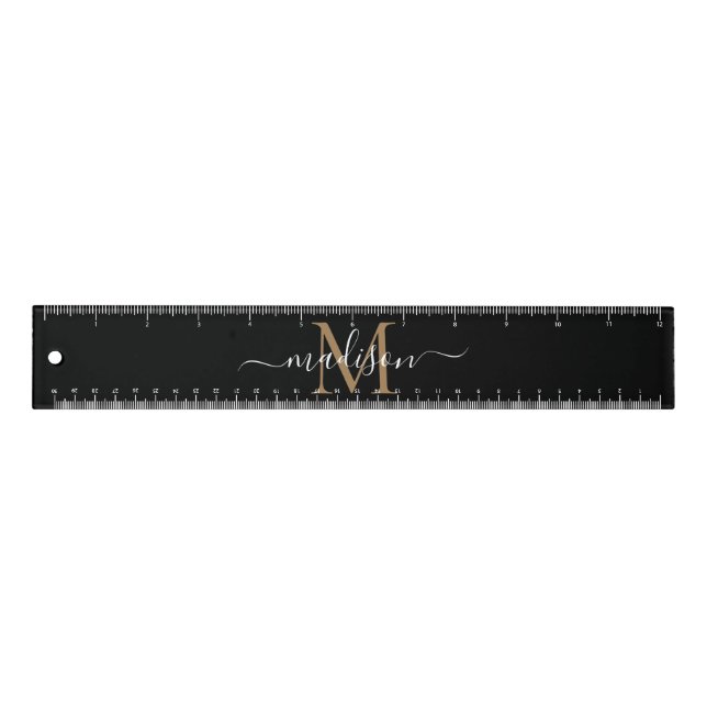 Stylish Black Gold Monogram Elegant Script Name Ruler (Front)