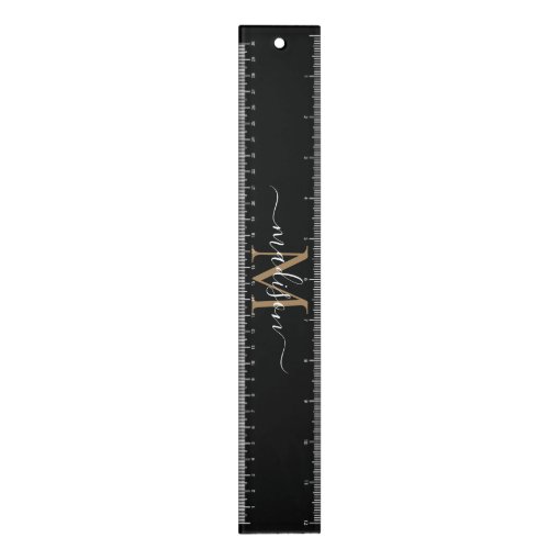 Stylish Black Gold Monogram Elegant Script Name Ruler | Zazzle