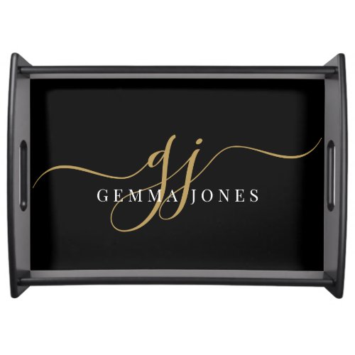 Stylish Black Gold Monogram Elegant Script Name  Serving Tray