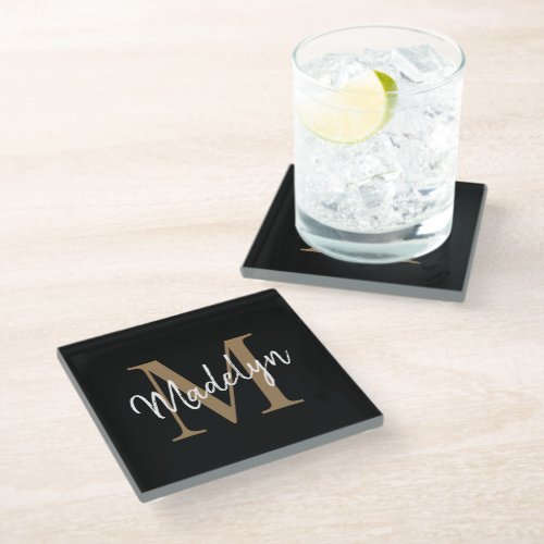 Stylish Black Gold Monogram Feminine Script Name Glass Coaster