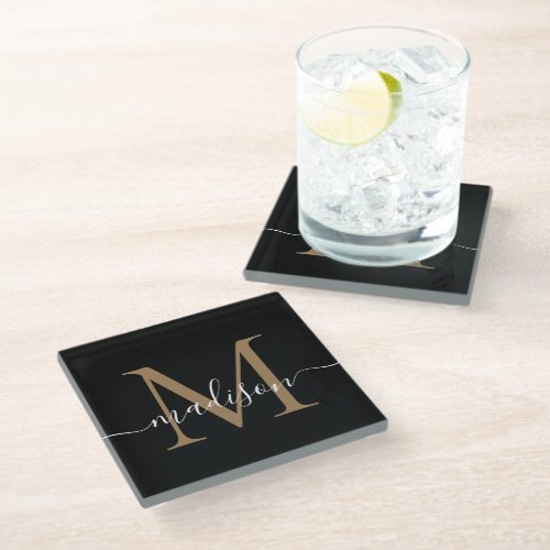 Stylish Black Gold Monogram Feminine Script Name Glass Coaster