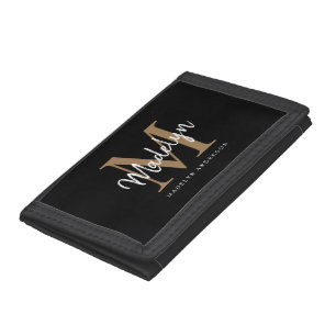 Stylish Black Gold Monogram Girly Chic Script Name Trifold Wallet