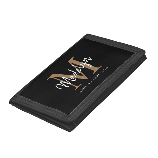 Stylish Black Gold Monogram Girly Chic Script Name Trifold Wallet (Bottom)