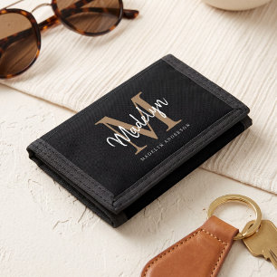 Stylish Black Gold Monogram Girly Chic Script Name Trifold Wallet