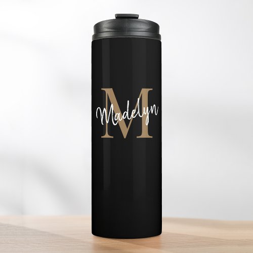 Stylish Black Gold Monogram Girly Script Thermal Tumbler