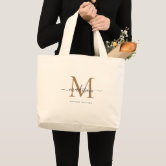 Trendy Black Gold Monogram Initial Script Name Tote Bag