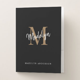 Stylish Black Gold Monogram Initial Script Name Pocket Folder